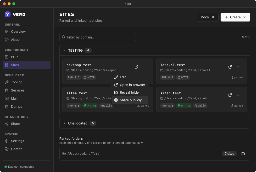The Sites page row menu, with a Share publicly⦠action, in the Yerd desktop app (dark mode)