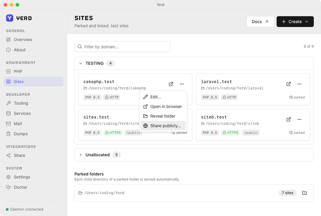 The Sites page row menu, with a Share publicly… action