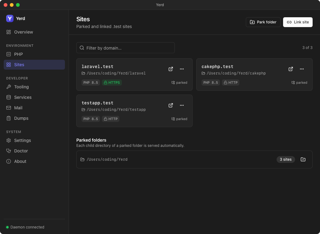 The Sites page in the Yerd desktop app (dark mode)