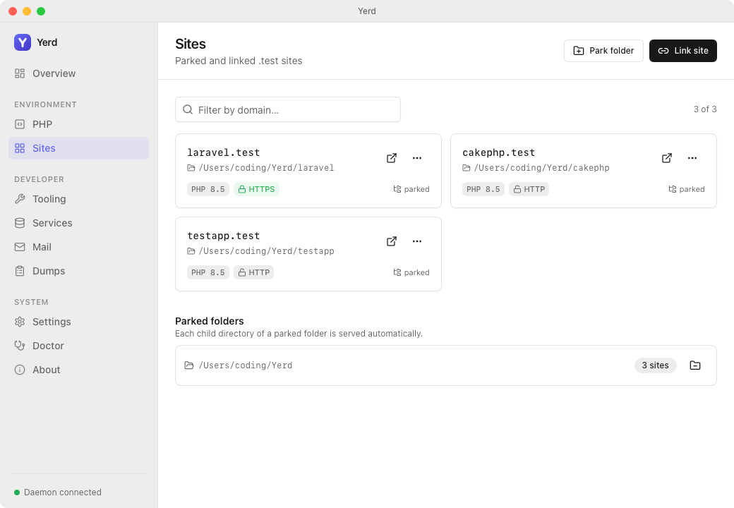 The Sites page in the Yerd desktop app