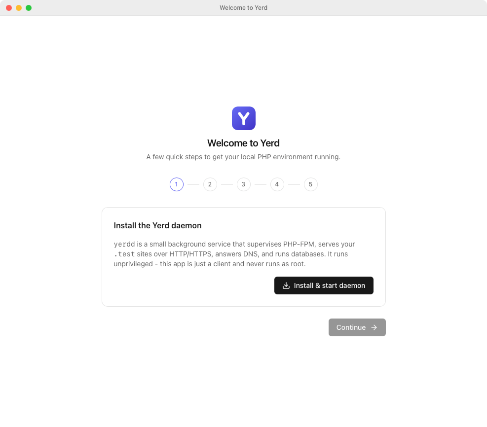 Welcome journey step 1: install and start the Yerd daemon