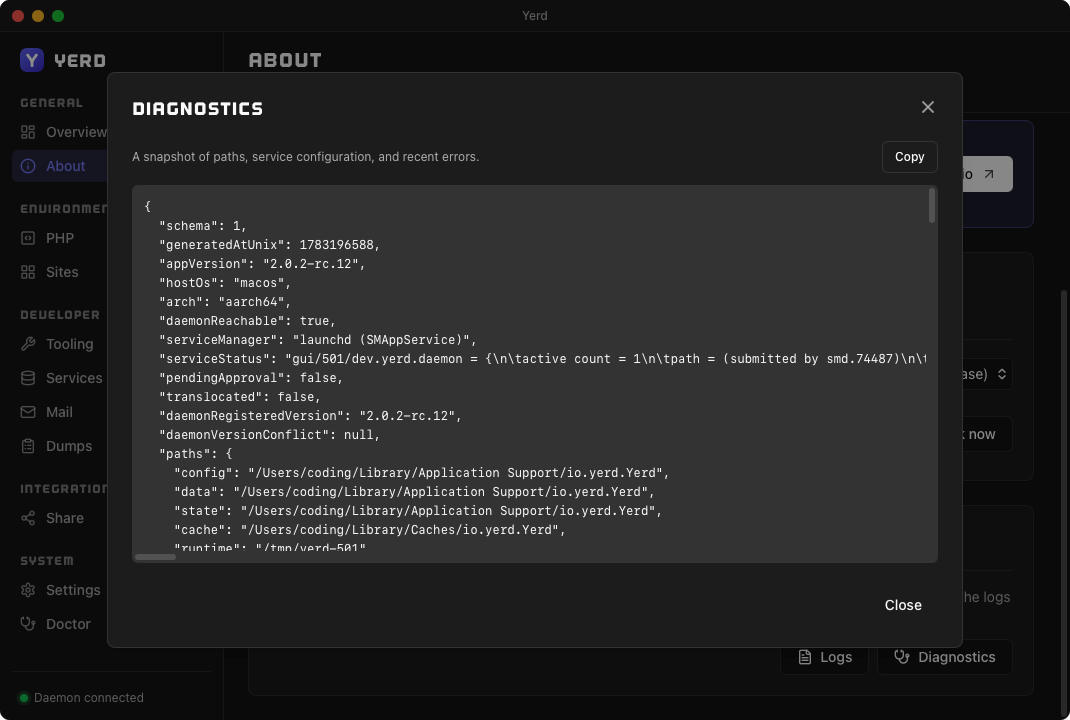 The Diagnostics dialog, a copyable JSON snapshot of app/daemon state