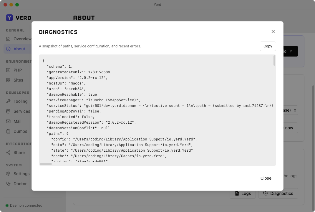 The Diagnostics dialog, a copyable JSON snapshot of app/daemon state