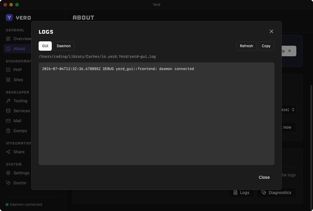 The Logs dialog, tailing the GUI session log