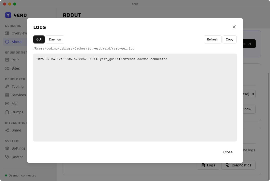 The Logs dialog, tailing the GUI session log